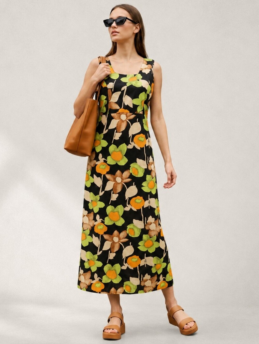 Vintage 90s Black Floral Maxi Dress Green Summer Tank Cottagecore Size Medium